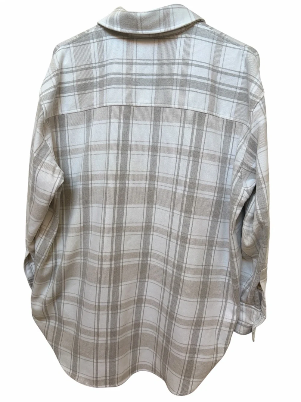 H&M flannel button up medium plaid neutral colors rounded hem EUC - Picture 2 of 5